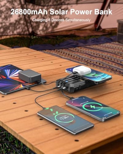 Solar Power Bank, 26800mAh Power Bank with 4 Built-in Cables, Portable Charger with USB-C Fast Charging, Qi Wireless Charging with LED Flashlights, for Cell Phones, Tablets, and Camping — view 2