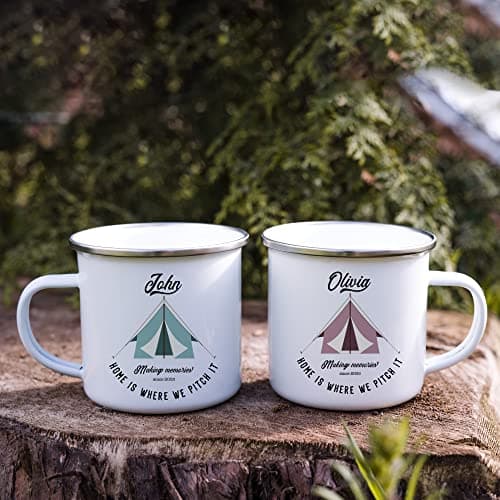 Tent Enamel Camp Mug | Personalised Camper Gift | His and Hers | Couple Travel Present | Accessories Camping | Home is Where We Pitch It — view 5