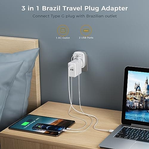 TESSAN UK to Brazil Plug Adapter, Type N Travel Adaptor with USB C — view 3