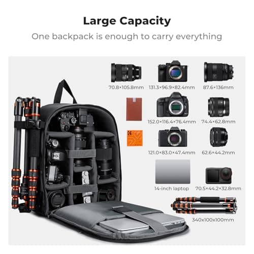 K&F CONCEPT Camera Backpacks for Photographers Travel Bag for Tripod Camera Lence Accessory with Laptop Compartment and Rain Cover Waterproof (Black-pu) — view 3