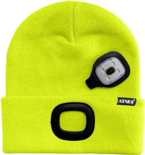 ATNKE LED Lighted Beanie Cap,USB Rechargeable Running Hat Ultra Bright 4 LED Waterproof Light Winter Warm Gifts for Men and Women/Fluorescent Yellow — view 3