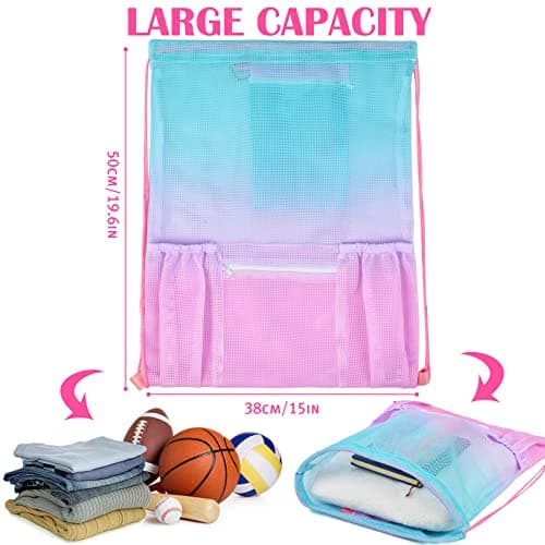 Mesh Drawstring Bag with Zipper Pocket, Beach Bag for Swimming Gear Backpack Gym Storage Bag for Adult Kids Pink Blue — view 4