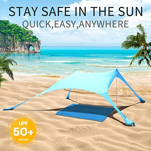 CUUPO 7×7 FT Beach Tent Sun Shelter UPF50+ UV Protection, Outdoor Small Canopy Tent Sun Shade with 2 Poles for Camping, Beach, Fishing, Backyard and Picnics Blue — view 4