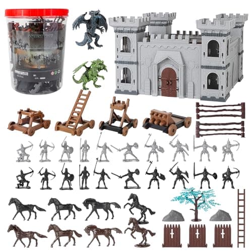 deAO Ancient Military Soldier Set for Kids, 76 PCS Medieval Castle Knight Army Men Toys Playset with Castle, Soldiers, Shield Cart, Ladder, Flying Dragon and Battlefield Accessories for Boys and Girls
