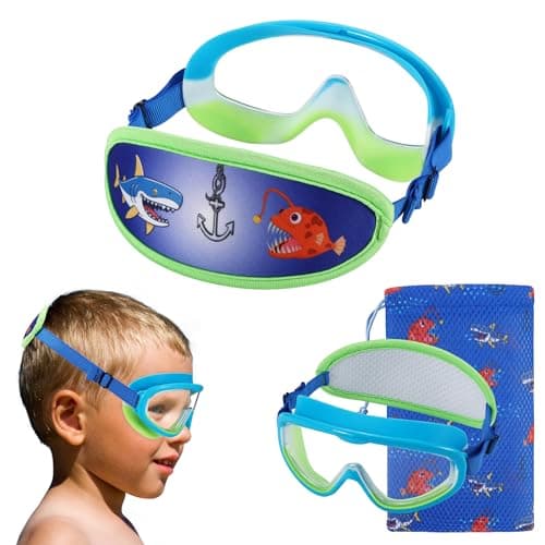 RUIGAO Kids Swim Goggles Age 4-7, Toddler Goggles No Tangle, Child Swimming Mask/Bungee Strap/Soft Band (1PK Toddler Mask - Blue Shark)