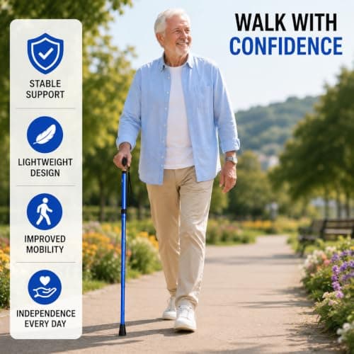 foldable walking stick adjustable collapsible walking stick lightweight aluminium cane blue folding walking stick for men women disabled mobility aids portable travel walkig cane With Wrist Strap — view 6