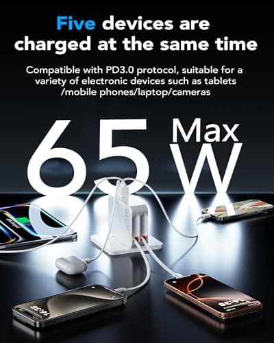 5 in 1 Retractable Phone Charger 65W USB C Charger 3 Port PD Power Adapter — view 4