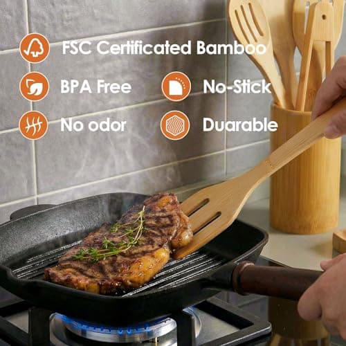 Naturoom Kitchen Utensils Set of 8 PCS, 12Inches Bamboo Wooden Cooking Spoon & Spatula Tools Perfect for Non-Stick Cookware (Bamboo 12inches) — view 3