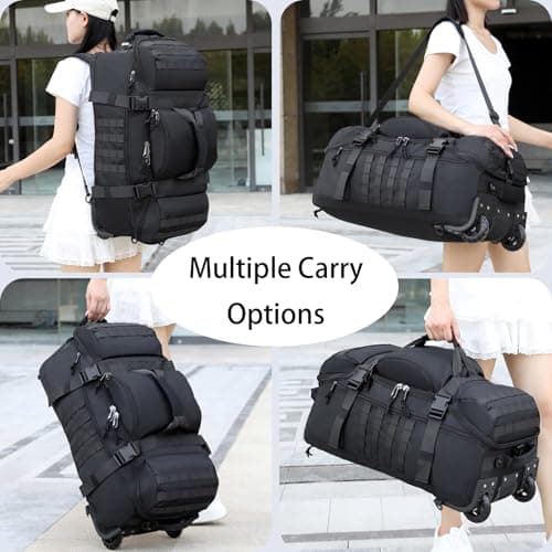 70L Wheeled Duffel Backpack Rolling Travel Bag Water Resistant Holdall with Hidden Straps Heavy Duty Foldable Sports Duffel Bag for Overnight Camping Beach Business Trip Storage (Black) — view 6