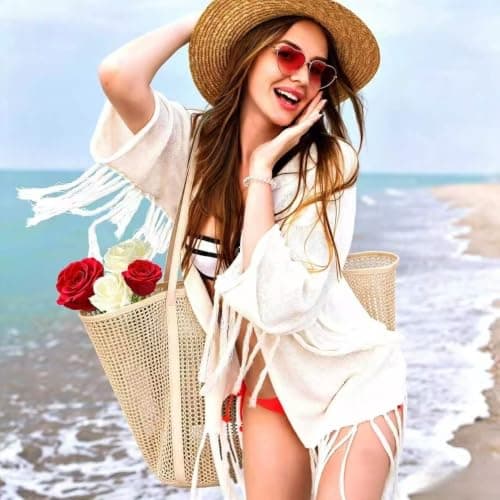 Jenck Foldable Mesh Beach Bag, Large 30L Waterproof Summer Tote Bag with Zipper, Beach Bags for Women with Multiple Pockets, Holiday Essentials Handbag for Summer Holiday Travel Shopping, Brown — view 4
