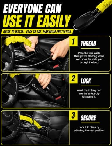 Xtremeauto Steering Wheel & Seat Belt Lock – Dual Anti-Theft Vehicle Security Lock with Cut Resistant Steel Cable, High Visibility Cover & 3 Keys – Universal Fit for Cars, SUVs & Vans (Yellow) — view 4