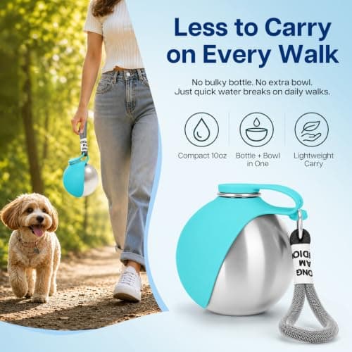 Foldable 2 in 1 Portable Dog Water Bottle, 285ml/10oz Stainless Steel Dog Travel Water Bottle, Leak-Resistant Travel Pet Water Dispenser with Foldable Silicone Bowl for Walking, Camping(blue) — view 6