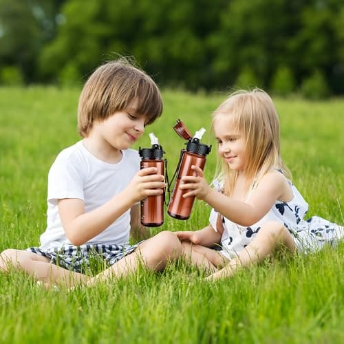 GOPPUS 500ml/17oz Kids Water Bottles with Straw Tritan Childrens Bottle with Flip Top Lid BPA Free Measured Drinks Bottle with Strap Sports Reusable Time Markings Leakproof (Transparent Brown) — view 6
