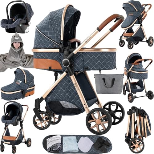 Magic ZC 3 in 1 Pushchair Pram Travel System, Baby Stroller 3 in 1 with Reversible Two Pushing Modes, Newborn Infant Carriage One-Click Folding, Toddler Buggy Aluminum Frame (V9 Blue)