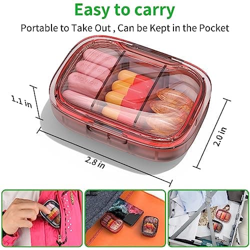2 Pack 3 Compartment Small Pill Box, Moisture Proof Pill Case, Travel Pill Organizer for Pocket Purse, Daily Portable Medicine Vitamin Box, Fish Oil Box, Supplement Box (Black+Orange) — view 2