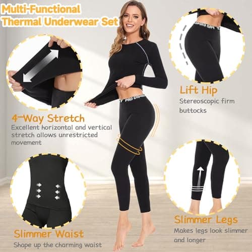 Women Thermal Base Layer Set, Quick Dry Velvet Lined Compression Long Sleeve Tops and Leggings for Ladies Girls Winter Warm, Soft Athletic Stretch Underwear for Biking Ski Running Gym Sport Black — view 5