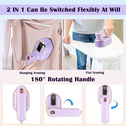 Loveächt Purple Travel Iron Steam Iron - 180° Rotating Foldable Handheld - Ceramic Soleplat - Portable Iron Steamer for Travel, Home — view 4