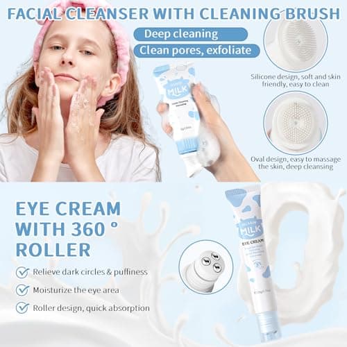 Milk Skin Care Routine Set For Girls, Teen Skin Care Gift Set With Cleanser, Serum, Cream, Eye Cream, Face Skincare Travel Kit For Kids Ages 8-12, Shrink Pores, Hydrating — view 2