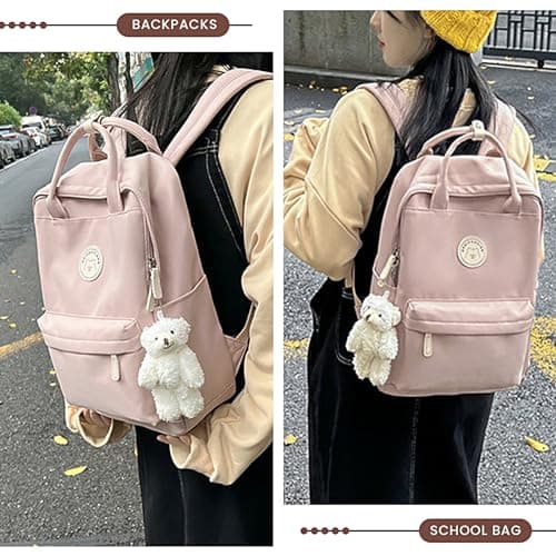 TIAASTAP Aesthetic Backpack School Bags for Girls Kawaii School Backpack with Cute Pendant Preppy School Bag for Kids Boys Teenage Primary Secondary Middle School (Pink) — view 6