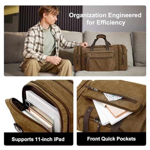EKOROMIER 55L Canvas Travel Duffel Bag for Men – Expandable Weekender Holdall – Cabin Size Overnight Bag for Gym, Carry-On or Short Trips – Coffee — view 5