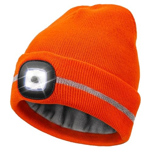 Wmcaps Fleece Lined LED Beanie for Men, Reflective Mens Beanie Hat, Type-C Rechargeable Headlamp with 4 LED Lights, High-Visibility Safety Hat with Torch, Warm for Dad (Bright Orange)
