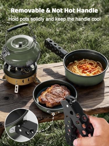 Odoland 5pcs Camping Cookware Mess Kit, Non-Stick Lightweight Pot Pan Kettle Set with a removable handle - Perfect for Backpacking, Camping, Hiking, and Picnic Green — view 4