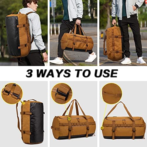 Lyweem Duffle Bag for Men, 60L Travel & Gym Duffel Bag Large Size for Women Waterproof Sports Holdall Bags Weekend Overnight with Shoes Compartment, Brown — view 3