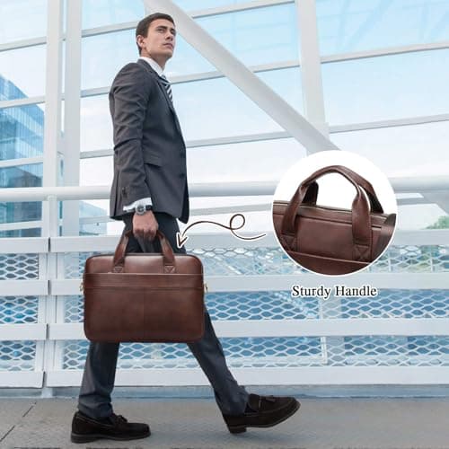 VINBAGGE Genuine Leather Briefcase for Men 14 Inch, Men's Business Laptop Work Bag, Messenger Bag with Adjustable Shoulder Strap, Professional Work Bag for Office Travel Commute — view 6