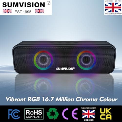 Sumvision Tekuno Portable Bluetooth Speaker True Wireless Stereo Speakers Chroma LED 24Hr 1200mAh Long Life Battery Bluetooth 5.3 USB C Fast Charge Enhance Bass Drop Protect UK Design UK Tech Support — view 2