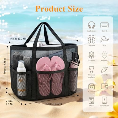 flintronic Women's Mesh Beach Bag, Large Tote Bag, Lightweight Pool Bag with 8 Pockets, Foldable Travel Bag for Swimming, Picnic, Gym, Shopping and Daily Use(59×39×21cm) — view 4
