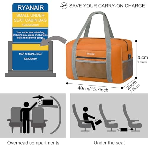 for Ryanair Airlines Cabin Bags 40x30x20 Underseat Holdall Travel Bag 20L Carry on Hand Luggage Weekend Bag with Shoulder Strap for Women and Men (Orange) — view 2