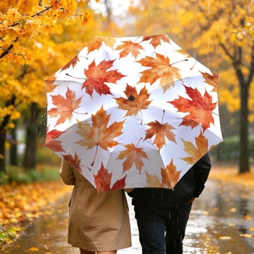 MAYJOYDIY Maple Leaves Automatic Folding Umbrella Autumn Fall Leaves Portable Travel Umbrella 42 Inch Vivid Leaf Automatic Open Close Umbrellas for Daily Use Travel Outdoor Activities — view 2
