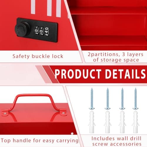 Timgle First Aid Kit with Combination Lock 3 Shelf Wall Mount Medicine Cabinet with Handle Locking Medical Cabinet Lightweight Medium Organizer Wall Steel Storage Box for Business and Worksite(Red) — view 4