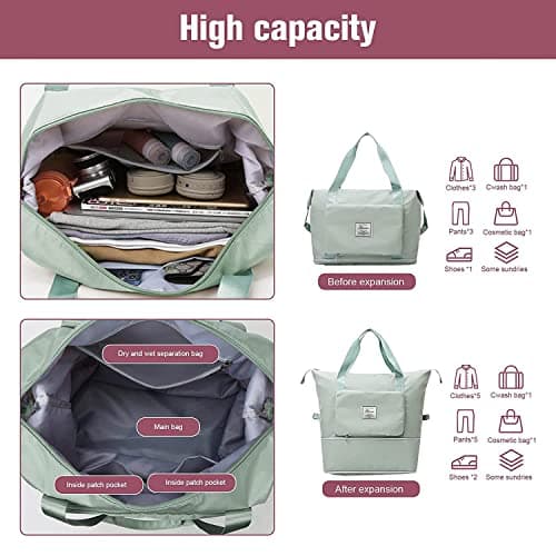 YAMEE Large Capacity Folding Travel Duffel Bag, Green, 28cm x 4cm x 18cm (Folding), 42cm x 22cm (Unfolded), 38cm (Expanded), Waterproof, Oxford Cloth + Polyester — view 3