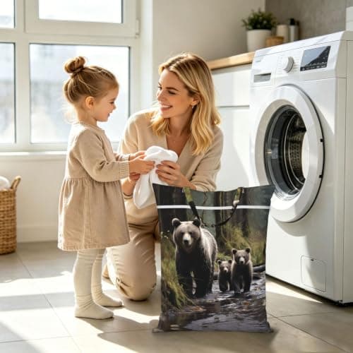 2PCS Travel Laundry Bag for Dirty Clothes, Foldable Waterproof Wet Dry Bag Mother bear and her cubs Zippered Hanging Laundry Hamper with Handle Washable for Travel, Gym, Swimming Pool — view 6