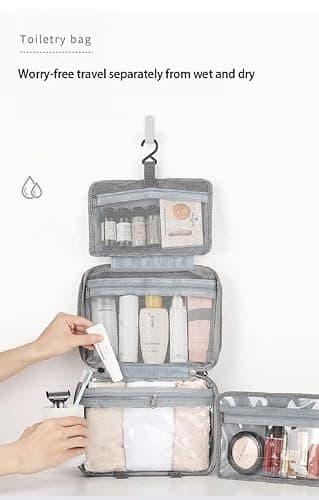 ZiaWorld Travel Toiletry Bag with Hanging Hook, Waterproof Foldable Large Capacity Travel Makeup Bag Organizer, Women & Men Toiletries Bag for Large Full Sized Essential Accessories Cosmetics, Grey — view 3