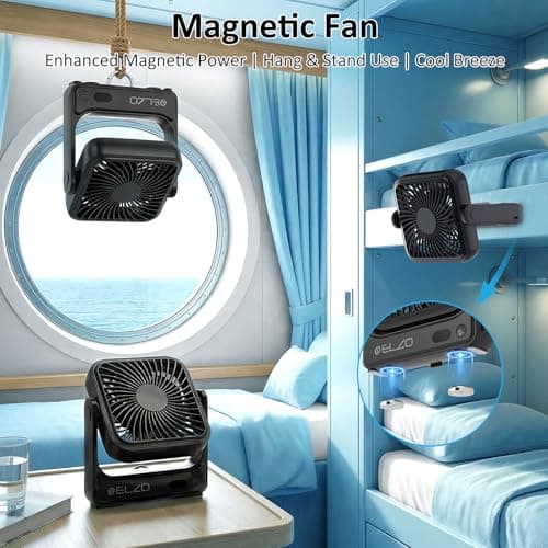 ELZO Magnetic Travel Fan for Cruise Ship Cabin, 5000mAh Rechargeable Portable, 4-Speed Quiet Operation with Hook, Cruise Approved Essentials 2026 for Ceiling & Wall — view 2