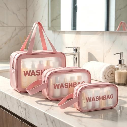 WUBAYI 5Pcs Clear Toiletry Bag, Waterproof PU Makeup Bag with Zipper Handle, Portable Airport Cosmetic Bag for Women & Men, Travel Accessories Wash Bag for Travelling & Holiday (Pink) — view 6