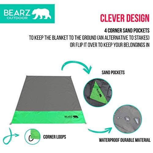 BEARZ Outdoor Travel Blanket - Pocket Sized Beach Blanket Camping Blanket, Waterproof Picnic Blanket, Sandproof Beach Mat - Camping Gadgets & Festival Hiking Accessories (Green) — view 6