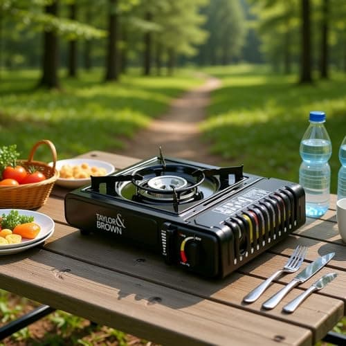 Taylor & Brown Black Portable Camping Stove with Cary Case & 4 Butane Gas | EN417 Compliant Premium Camping Stove Gas Portable | with Automatic Ignition & Heat Control — view 2