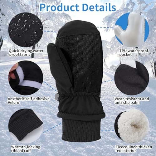 Fjquamitix Kids Winter Ski Mittens, Waterproof Mittens Kids, Warm Fleece Lined Toddler Ski Gloves Age 2-8 Boys Girls For Winter Outdoor (Black, M) — view 3