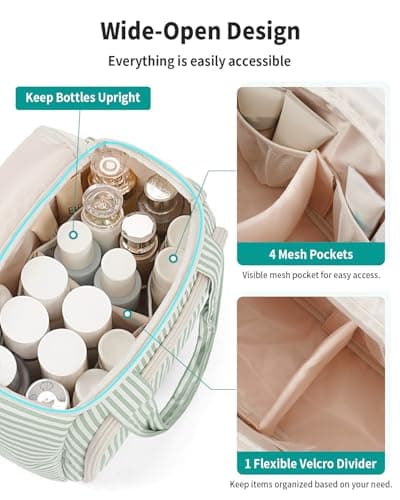 Narwey Large Toiletry Bag for Women, Travel Wash Bag Women for Full Size Toiletries, Wide Open Toiletries Bag Makeup Cosmetic Organizer Bag for Essentials Accessories (Mint Green Stripe) — view 2