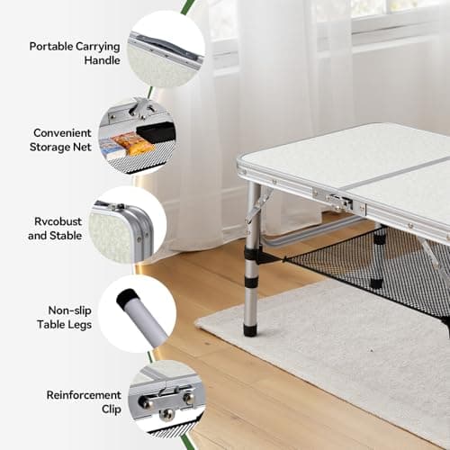Warmiehomy Folding Camping Table, 3 Adjustable Height, Max 60cm Aluminum Picnic Table with Storage Net & Carry Handle, Portable Grill Table for Camping, Picnic, Backpacking, RV, BBQ, 60X40cm, White — view 3
