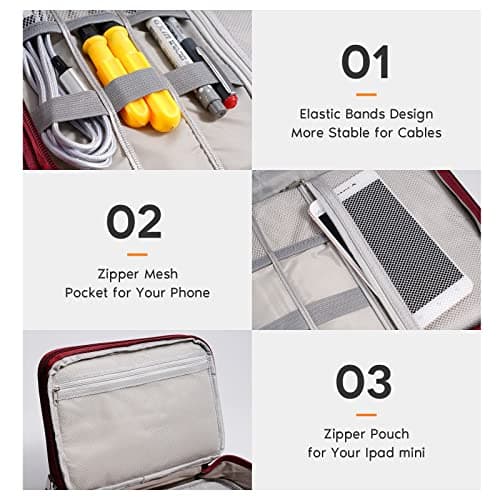 OrgaWise Travel Cable Organiser Bag, 3-Layer Tech Case, Red — view 4
