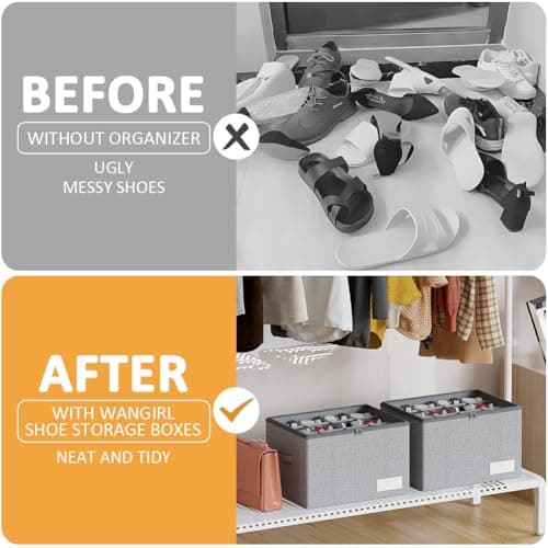 WANGIRL Fabric Shoe Storage Box, Fits 12 Pairs, Foldable Shoe Organiser for Wardrobe with Clear Lids, Bottom Support and Reinforced Handles, 1 Pack Grey — view 5
