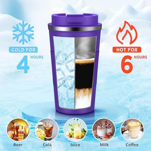 KETIEE Travel Mug with Leakproof Lid, Reusable Insulated Coffee Cup, Double Walled Stainless Steel for Hot & Cold Drinks, 510ml Deep Purple — view 5