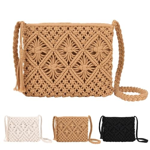 Sahunfri Straw Crossbody Bag for Women Bohemian Shoulder Bag Woven Crochet Purse For Summer Beach Travel Clutch Handbag (Khaki)