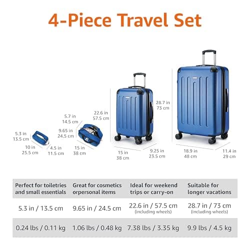 Amazon Basics Hardside Spinner Luggage Set, 4-Piece, Large Suitcase, Carry-On Suitcase, Tote Bag, Compact Travel Bag, Expandable, 4 Spinner Wheels, Navy Blue — view 4