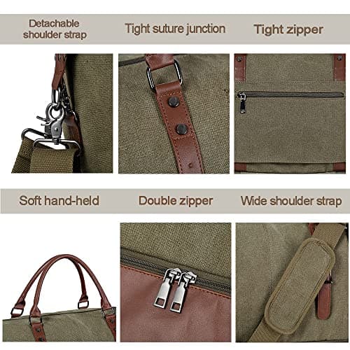 Travel Bag with Shoe Pouch,Weekender Overnight Bag Canvas PU Leather Large Carry On Bag Travel Tote Duffel Bag for Men or Women,Green — view 5