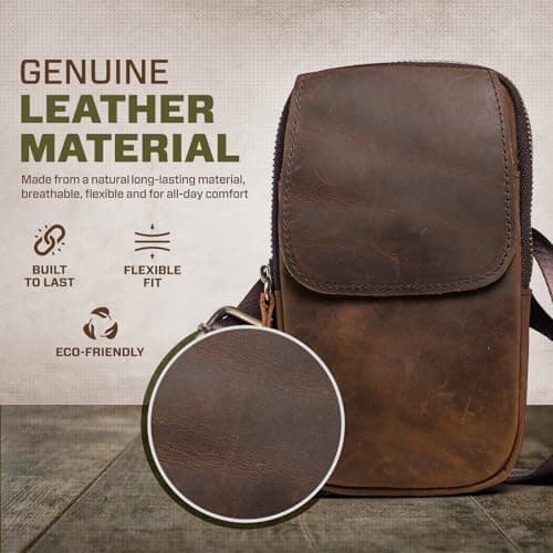 Hengwin Multifunctional Genuine Leather Double Zip Bags Men Vintage Look Shoulder Bag Mobile Phone Belt Bag Phone Holster for Travel, Outdoor Activities (Coffee) — view 2